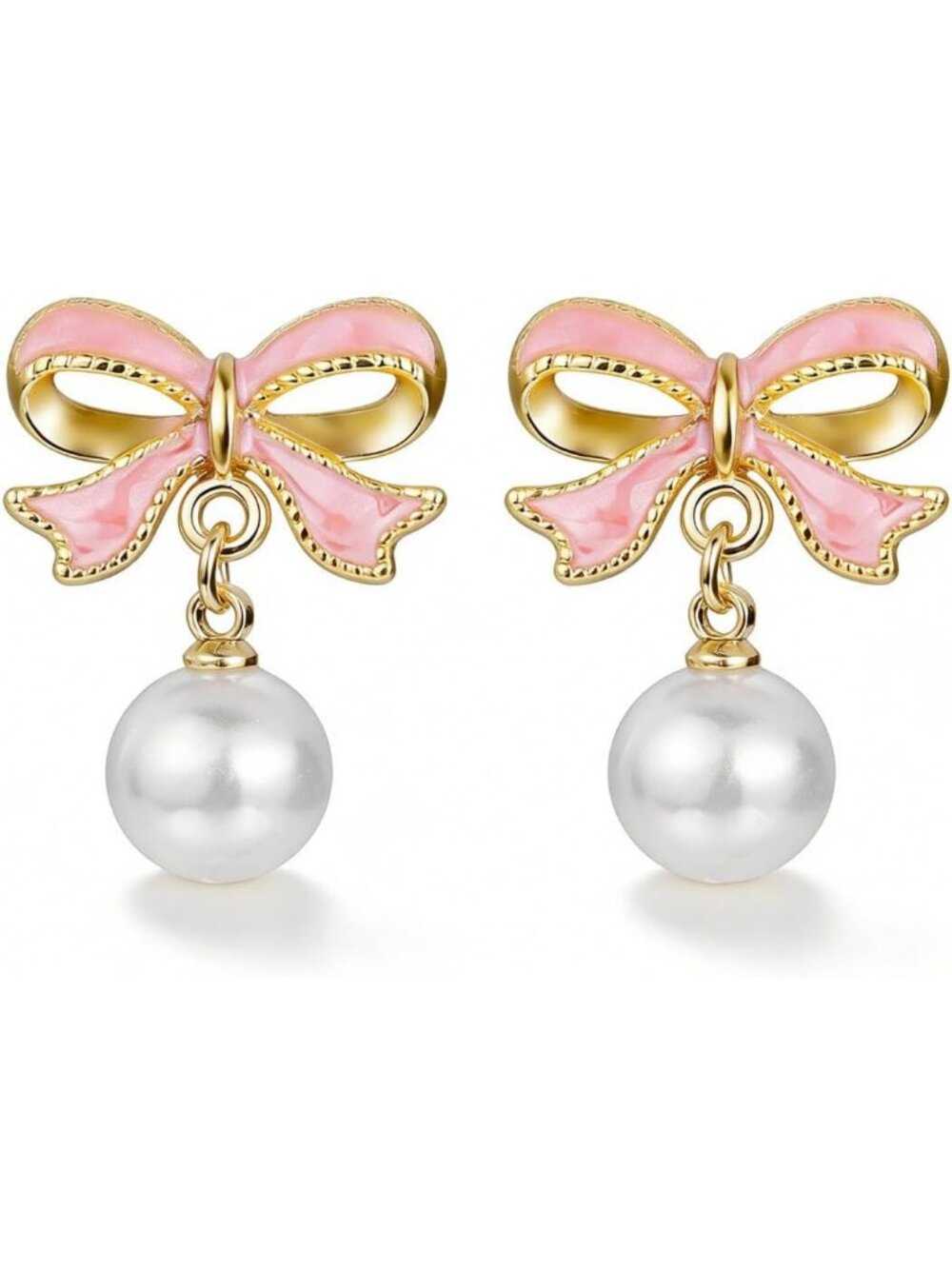 Women's Gold Plated Pink Enamel Bow Pearl Drop Dangle Earrings Elegant Jewelry